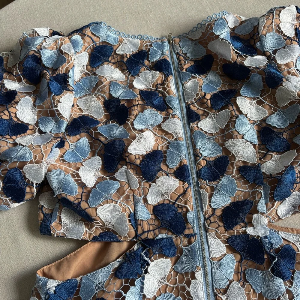 Adelyn Rae Blue Floral Lace Mini Dress XL | Puff Sleeve Cocktail Dress - Picture 5 of 10